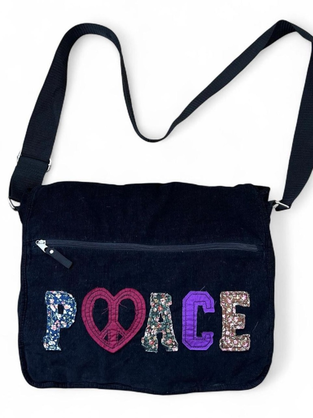 Black Women's Crossbody Bag with Colorful 'PEACE' Appliqué